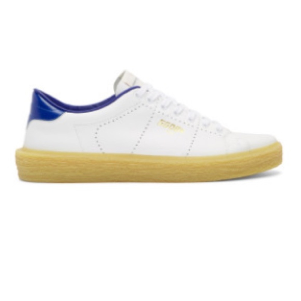 Golden Goose White Sneakers with Blue Heel and Tan Sole